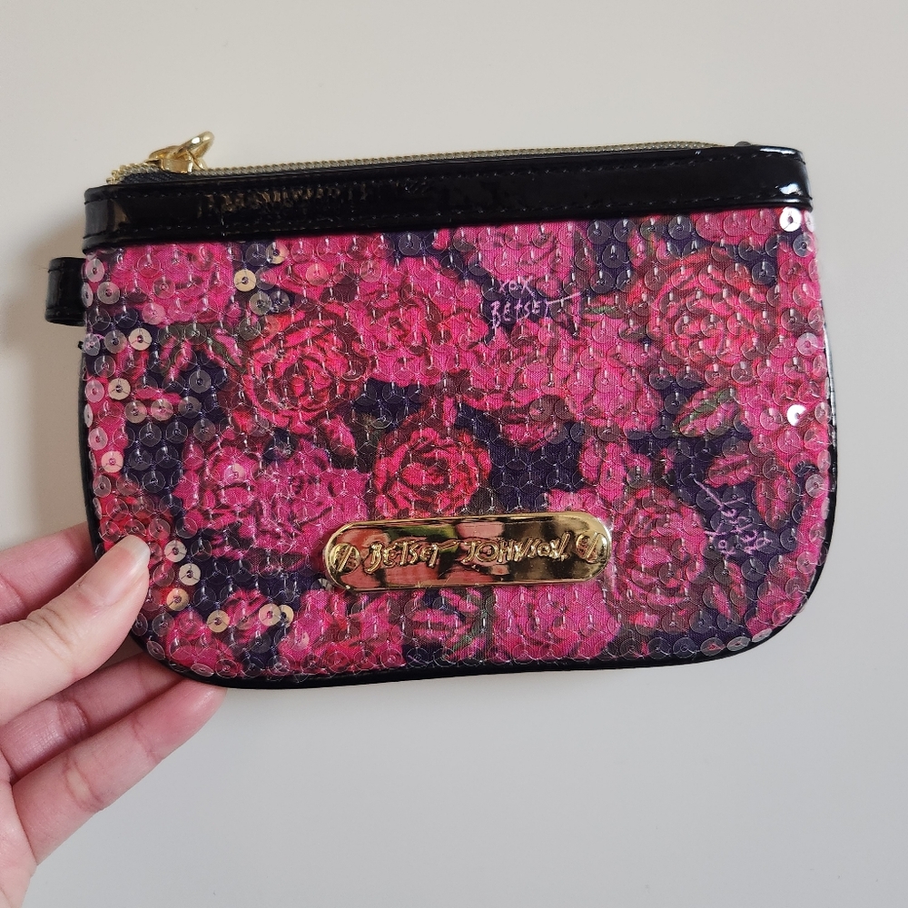 Betsey Johnson Pink Sequin Rose Wristlet Clutch Y2K Floral Party